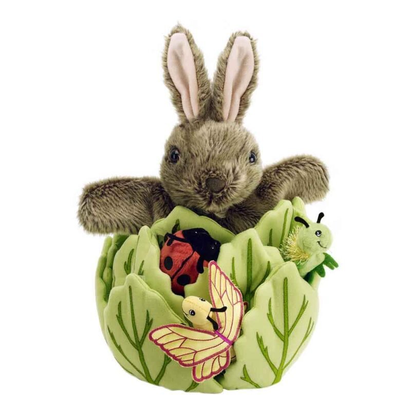 Rabbit puppet in lettuce hide away puppet is proud of the lettuce with the ladybird, caterpillar, and butterfly are tucked into the lettuce leaves