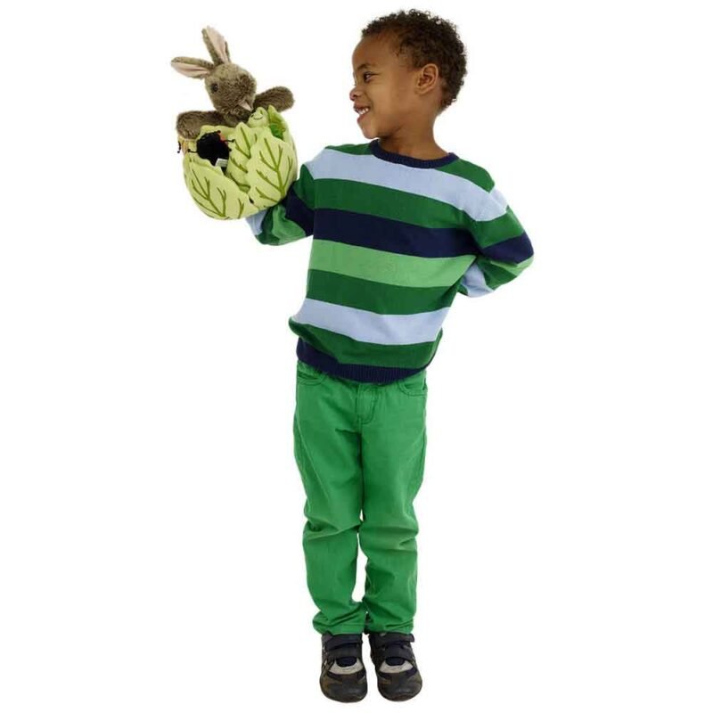 A young boy in green striped top and light green trousers is playing with the rabbit in a lettuce hand puppet, the ladybird finger puppet in in the lettuce