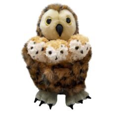 Tawny Owl and 3 Owlet babies hideaway puppet from the puppel company, the large Tawny Owl puppet is holding 3 baby owlets in its wings