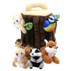 Tree House Hide Away puppet with 6 finger puppets around and in the tree trunk with an owl and blue tit peeping out from the trunk and the hedgehog, red squirrel, badger and fox at the base