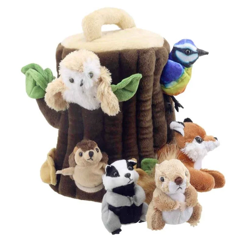 Tree House Hide Away puppet with 6 finger puppets of an owl, blue tit, hedgehog,badger, squirrel, and fox