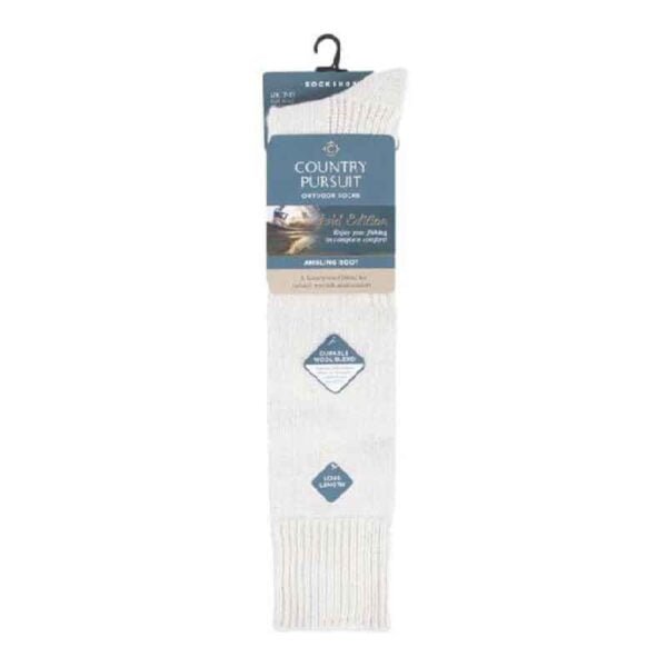 White or cream angling socks in card packaging