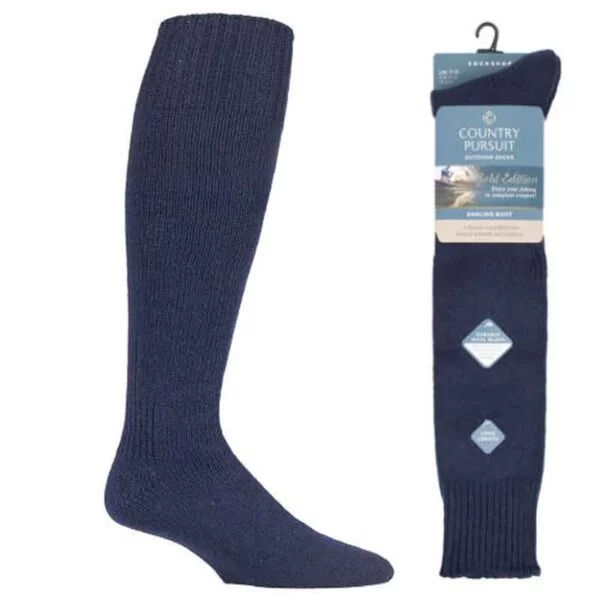 Navy angling socks, single sock displayed on a lower leg form on a white background with a pair in their card retail pack next to it