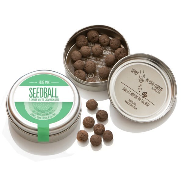 One closed and one open seedball tin showing the reverse of the lid and the seedballs in the Herb Mix Seedball Tin