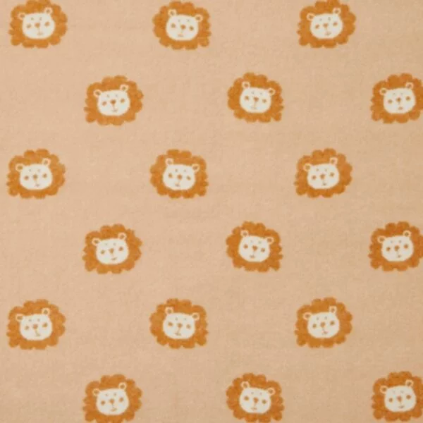 Merino wool baby blanket in brown and cream with cartoon lion faces laid flat to show the design