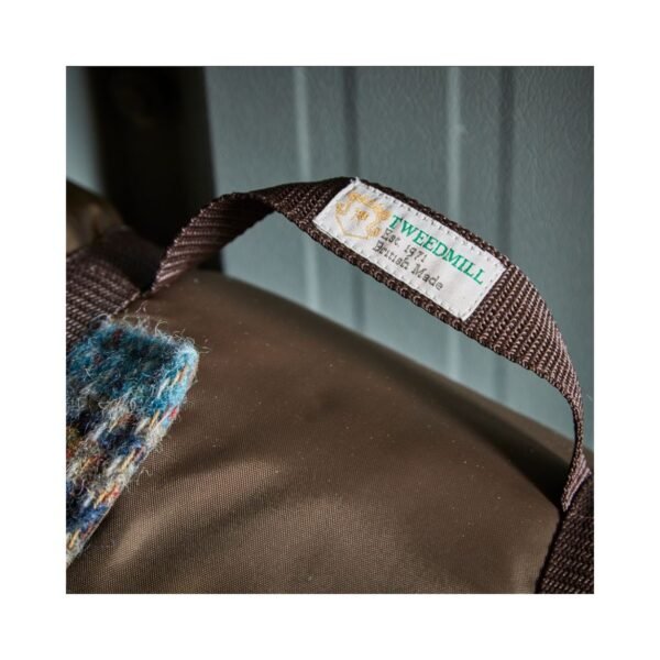 Tweedmill Recycled Picnic Rug Roll by Tweedmill brown waterproof backing and webbing carry strap and Tweedmill label