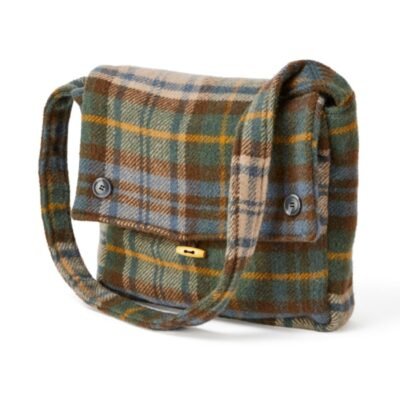 Antique Dress Gordon Tartan wool bag in green, blue, yellow, brown and cream wool on a white background