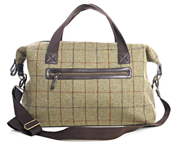 Tweed Weekender Bag in green check against a white background