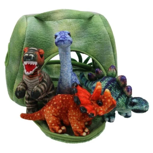 Dinosaur House Hideaway Puppet with the back zip open and the 4 dinosaur finger puppets