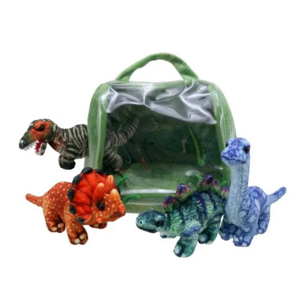 Dinosaur House Hideaway Puppet with the clear view front and the 4 dinosaur finger puppets