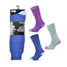 Storm Ridge Ladies Wellington Socks in blue, purple and grey on a white background