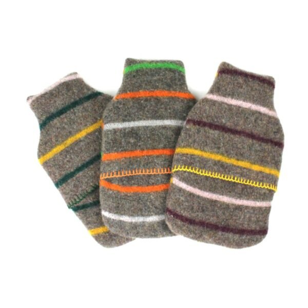 Tweedmill middle opening recycled wool hot water bottle and cover x 3 with grey background and colourful random stripes and blanket stitch