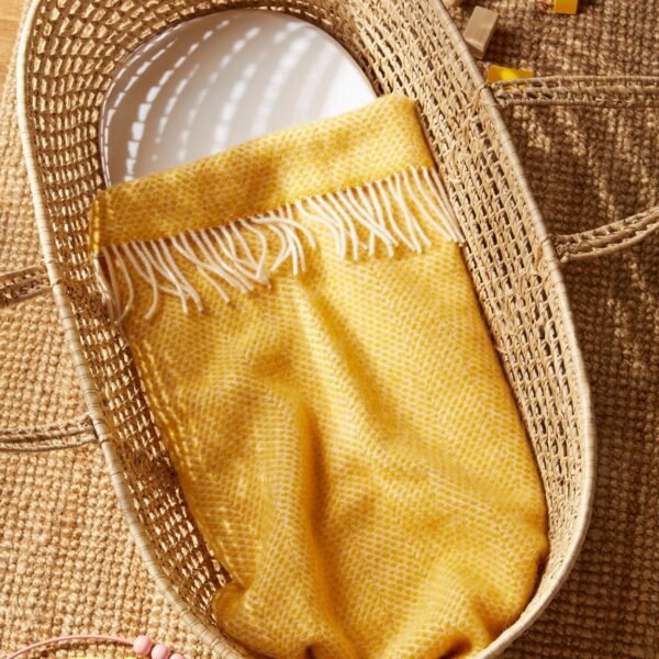 Tweedmill Beehive yellow pram blanket in a Moses basket