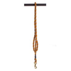 Mustard Yellow and Silver Grey Tweedmill wool rope dog lead hanging in half over a pole on a white background