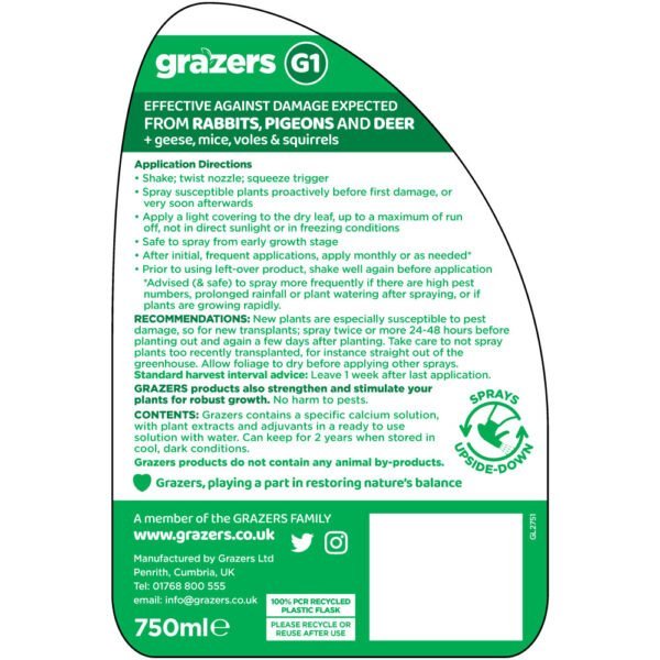 Grazers G1 spray instructions and details back label from the ready to use spray bottle on a white background