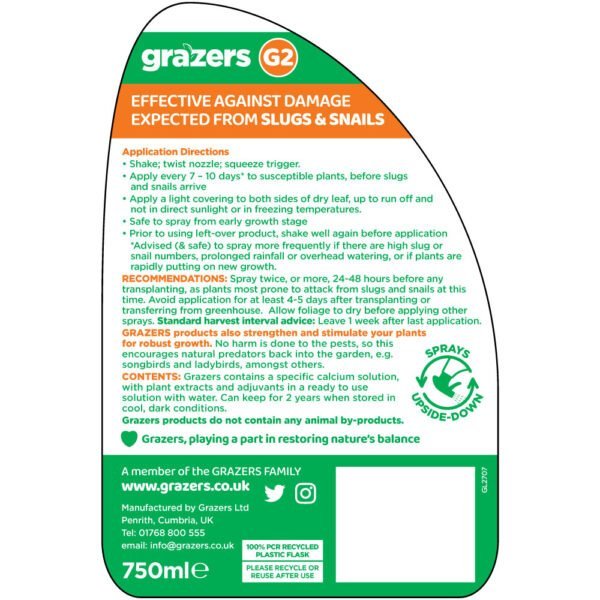 Grazers G2 spray instructions and details back label from the ready to use spray bottle on a white background