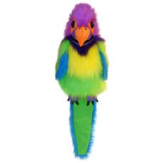 Plum-headed Parakeet by The Puppet Company in green, blue, yellow, and purple long hair fur with purple feet and black claws on a white background the puppet faces the front