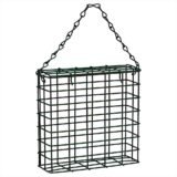 Hanging cage holder for suet blocks, fruit and wool in dark green against a white background
