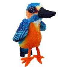 Blue orange white and black kinghfisher finger puppet facing slightly to the right on a white background
