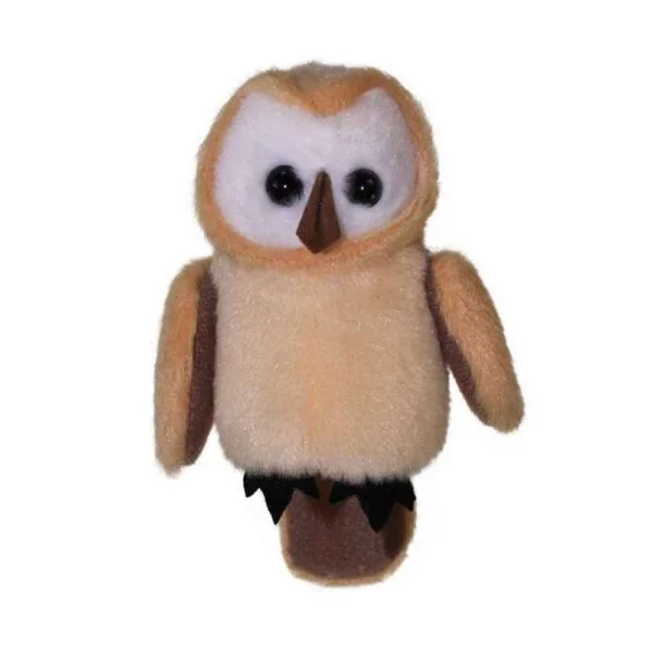 Barn owl ginger puppet in beiges with a white face facing front on a white background