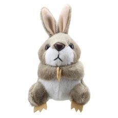 Grey Bunny Rabbit Finger Puppet facing front with a white tummy on a white background