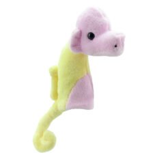 Pink and yellow seahorse finger puppet facing sidewards on a white background