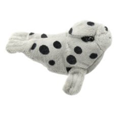 Grey seal with dark spots finger puppet facing sidewards on a white background