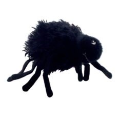 Black furry spider finger puppet facing forward on a white background