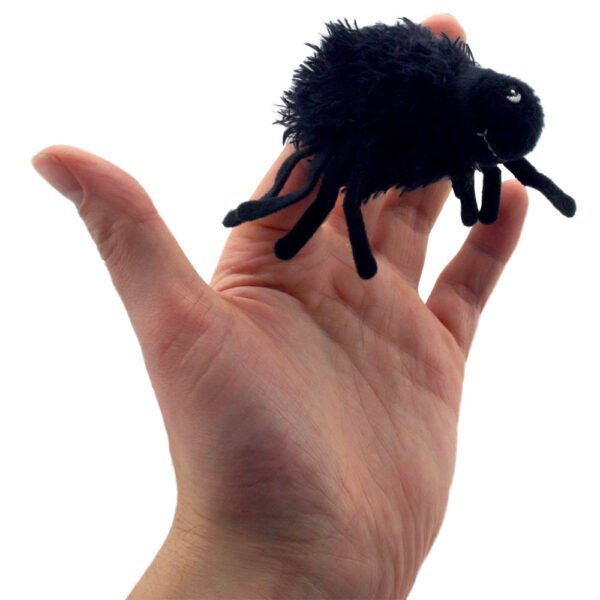 Adult hand holding a black furry spider finger puppet facing forward on a white background