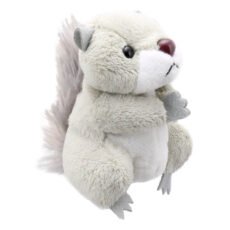 Grey Squirrel finger puppet facing sidewards on a white background
