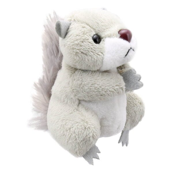 Grey Squirrel finger puppet facing sidewards on a white background