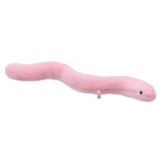 Pink worm finger puppet facing sidewards on a white background