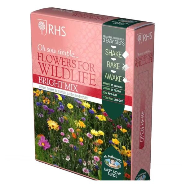 Pink box of seeds from RHS Oh Sow Simple Bright Mix plants for pollinators range