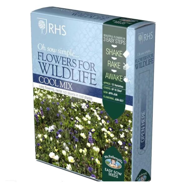 Blue box of seeds from RHS Oh Sow Simple Cool Mix plants for pollinators range