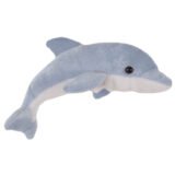 Pale blue and white dolphin finger puppet facing right on a white background