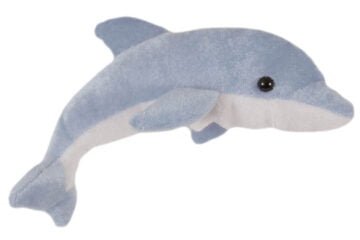 Pale blue and white dolphin finger puppet facing right on a white background