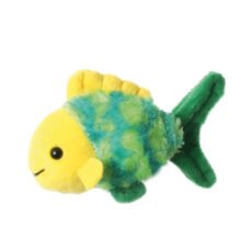 Green and blue fish with a yellow face and fin with a green tail on a white background