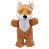 Eco-friendly soft fur walking fox puppet in Russet and white on a white background