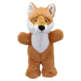Eco-friendly soft fur walking fox puppet in Russet and white on a white background