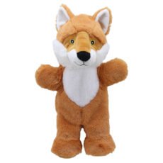 Eco-friendly soft fur walking fox puppet in Russet and white on a white background