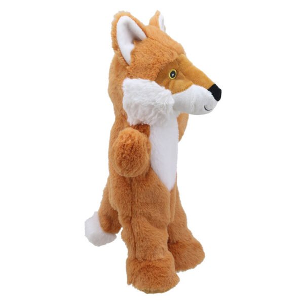 Eco-friendly soft fur walking fox puppet in Russet and white facing right on a white background