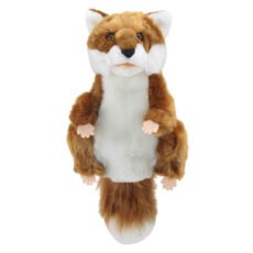 Russet and white soft fur red fox hand puppet on a white background