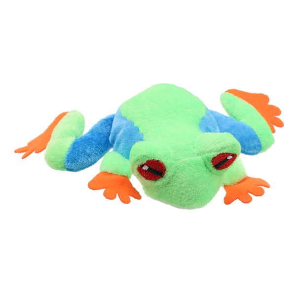 Tree frog finger puppet in green blue and orange with red eyes on a white background