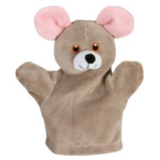 Plush mouse puppet in grey/brown, pink and white fabric with embroidered eyes from the My First Puppet range on a white background