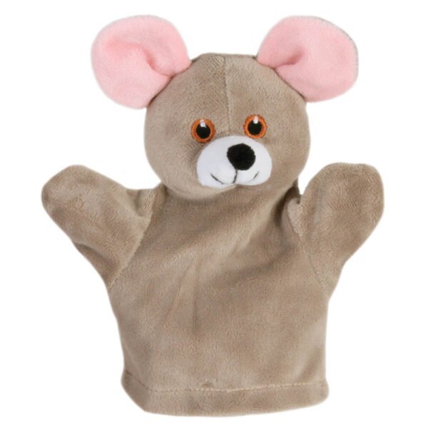 Plush mouse puppet in grey/brown, pink and white fabric with embroidered eyes from the My First Puppet range on a white background