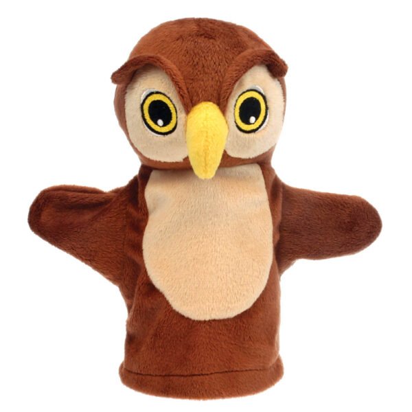 Plush owl puppet in brown, beige, and yellow fabric with embroidered eyes from the My First Puppet range on a white background