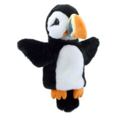 Puffin carpets glove puppet in black, white, orange, grey and yellow soft fur on a white background