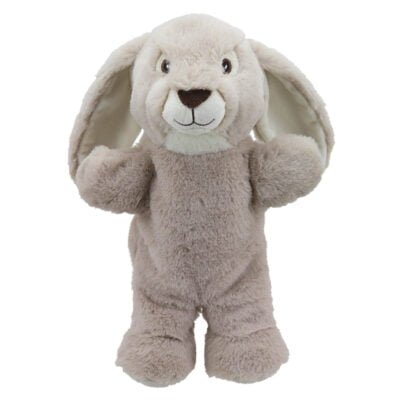 Eco-friendly soft fur walking rabbit puppet in grey and white on a white background