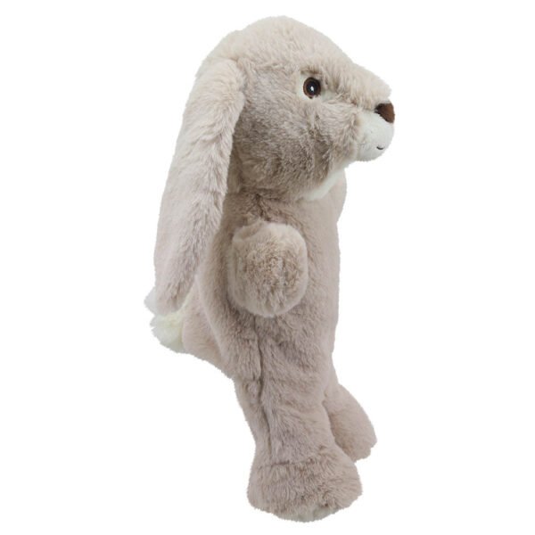 Eco-friendly soft fur walking rabbit puppet in grey and white on a white background