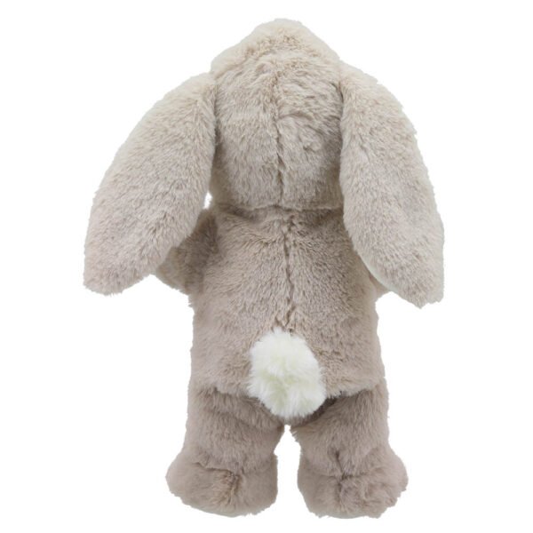 Eco-friendly soft fur walking rabbit puppet in grey and white on a white background
